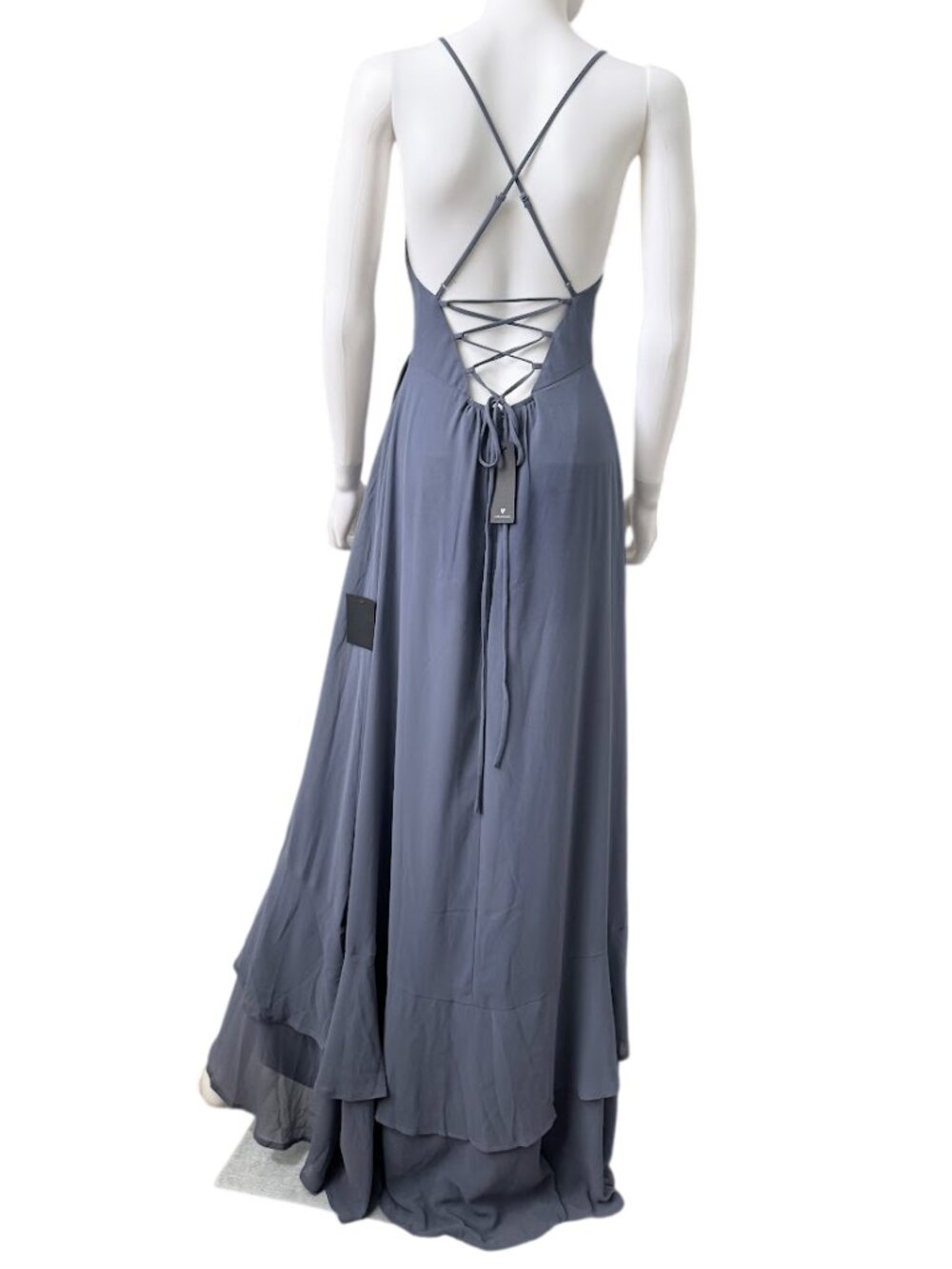 Lulus Blue Wrap Maxi Dress Bridesmaid Formal Ruffle Lace Up Back M NWT - Picture 3 of 10